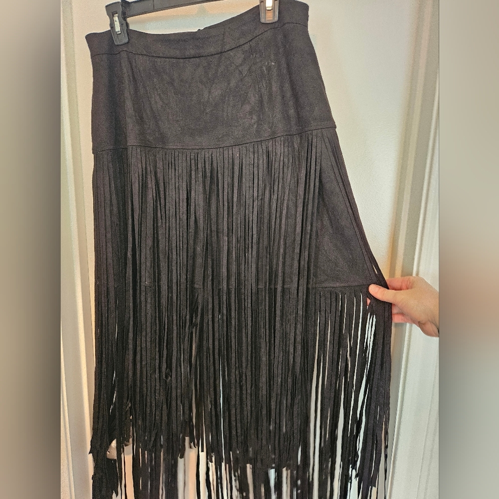 Black suede fringe skirt